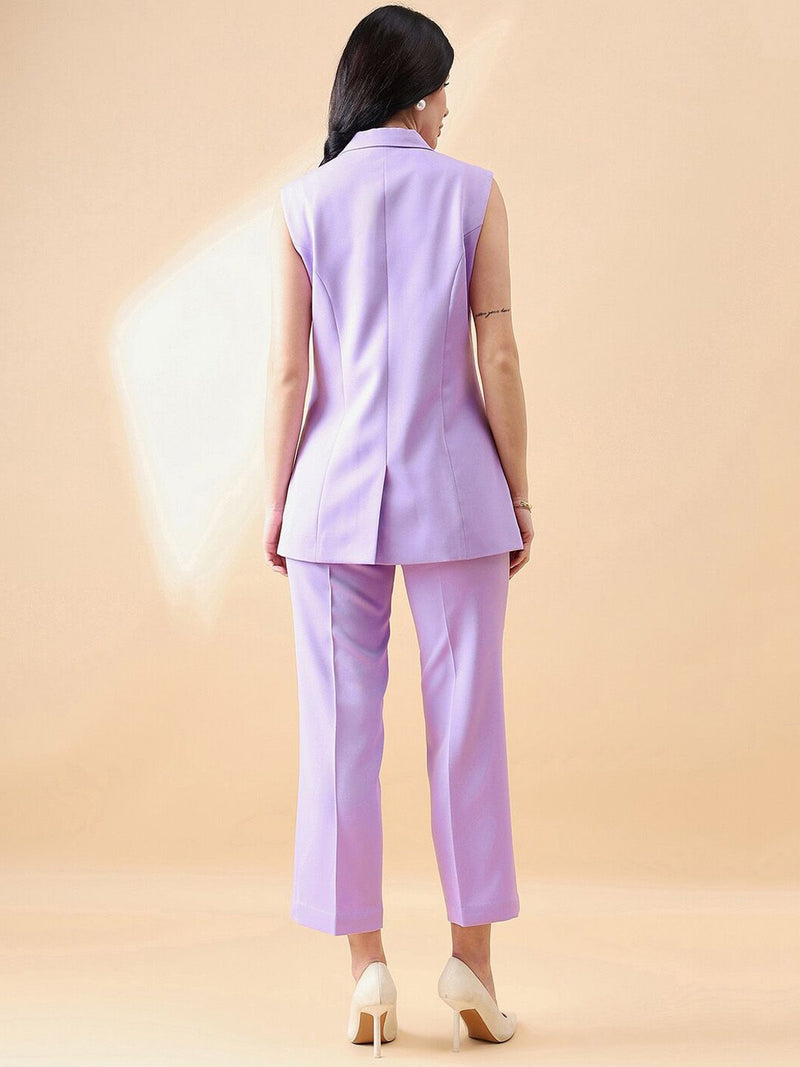 Cut- Sleeve Notch Collar Stretch Pant Suit- Lavender