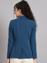 Notched Collar Polyester Blazer - Teal Blue