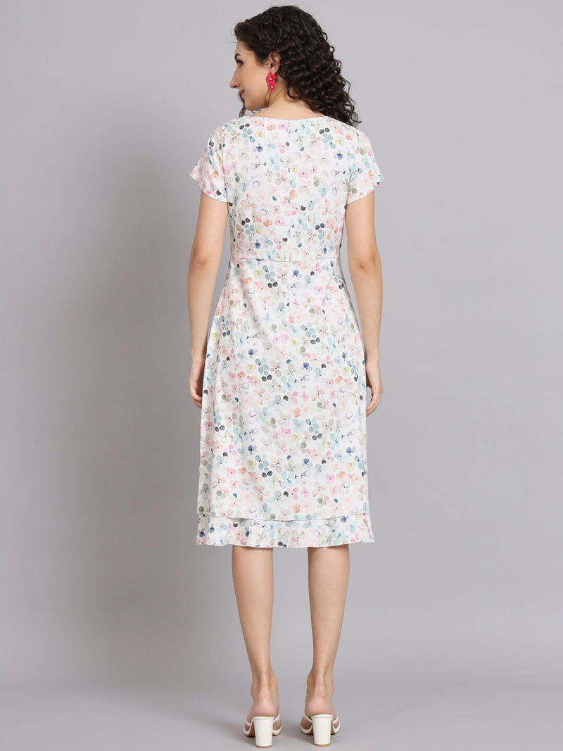 A Line Printed Floral Frill Dress - White