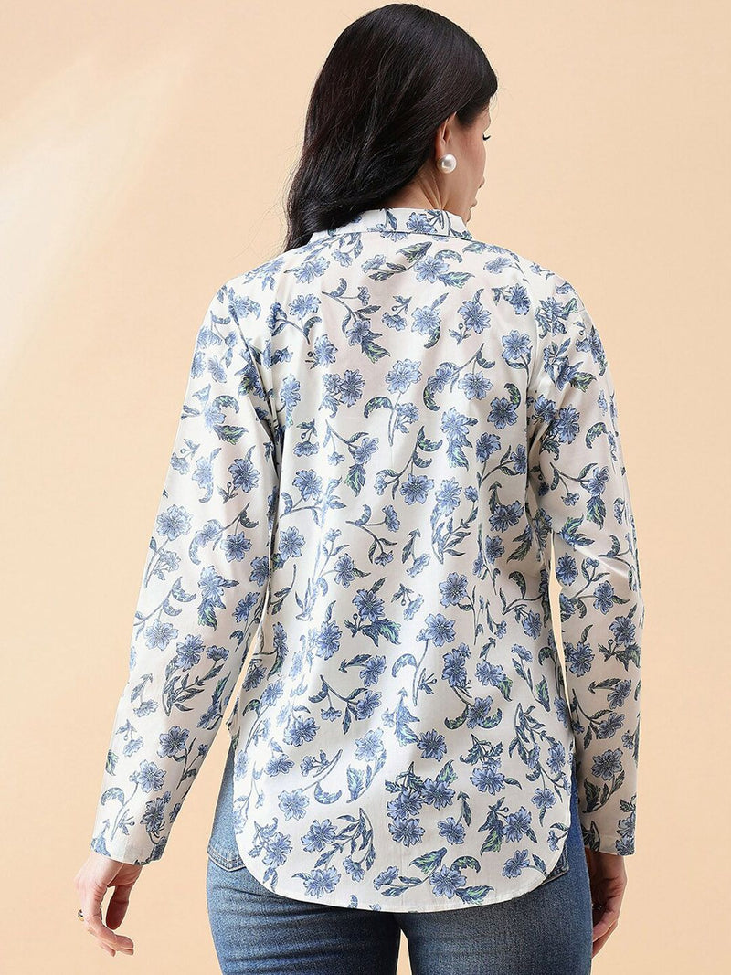 Front Open Cambric Printed Jacket- white and blue