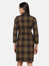 Warm Checkered Tweed Dress - Brown