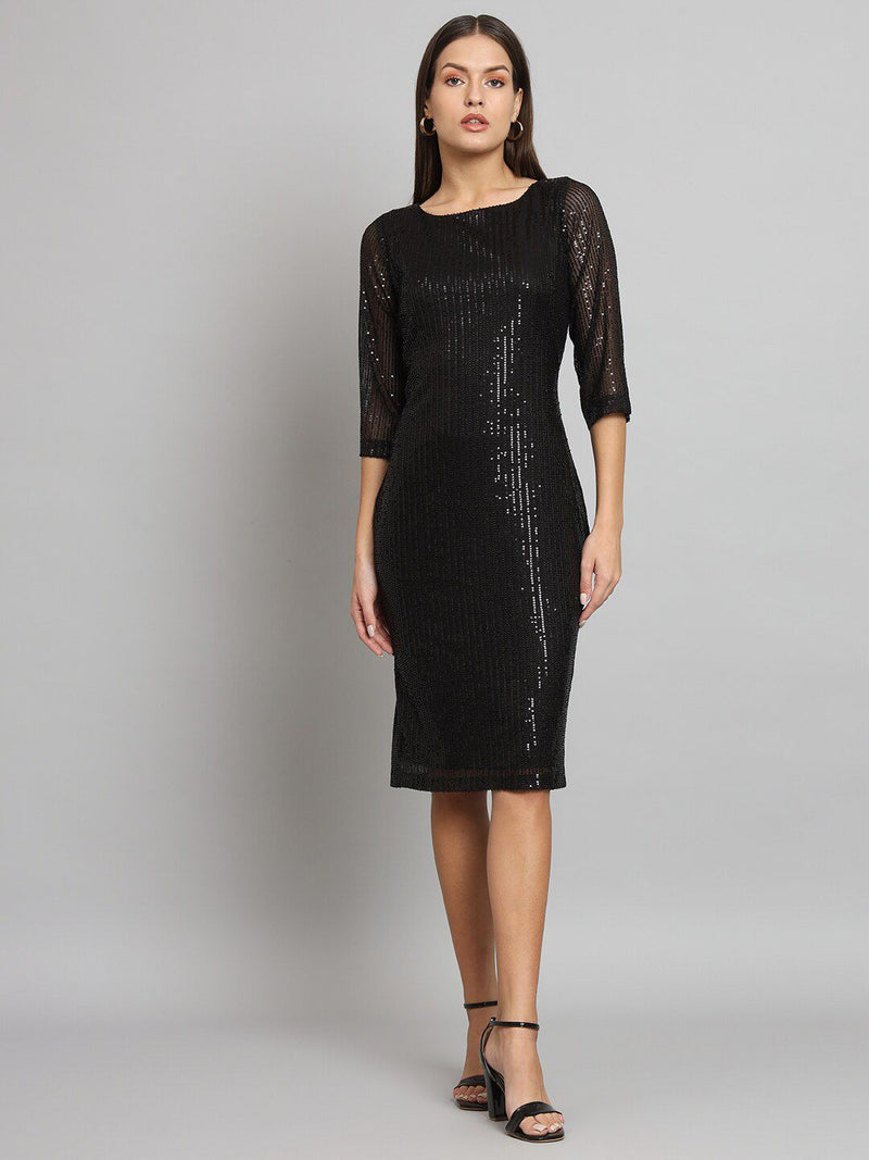 Stretch Sequins Party Dress- Black