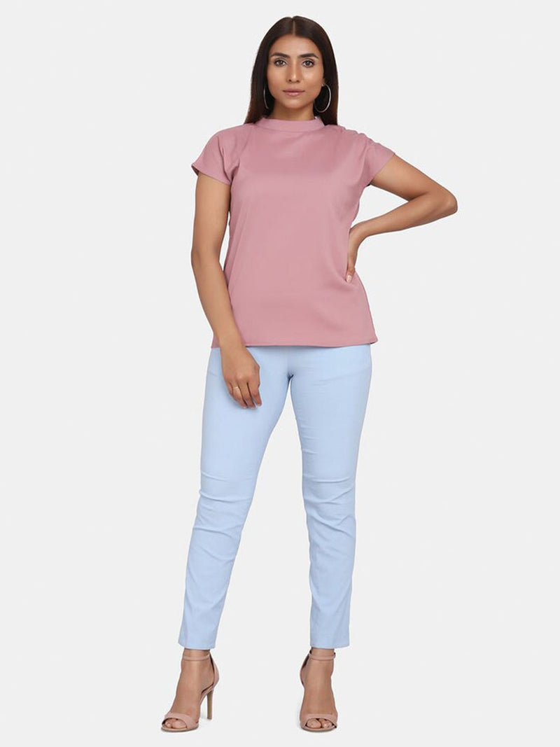 Short Sleeve High Neck Stretch Top for Women- Blush Pink