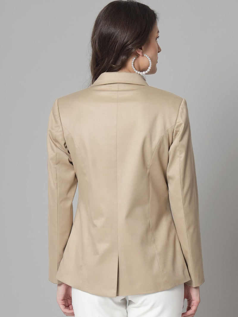 Notch Collar Poly Cotton Blazer- Beige