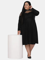 Illusion Neck  Velvet Party Dress for Women- Black