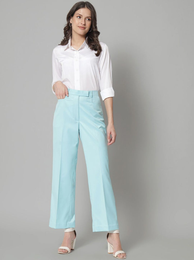 Poly Cotton Mid Waist Formal Trouser - Sky Blue