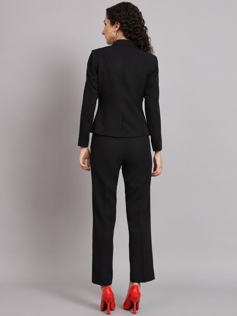 Short Blazer Notched Collar Polyester Pant Suit - Black