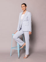 Notch Collar Stretch Pant Suit- Ice Blue