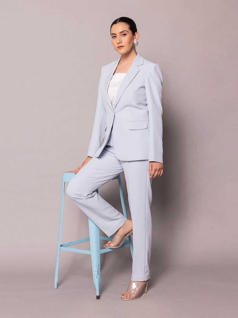 Notch Collar Stretch Pant Suit- Ice Blue