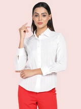 Formal white cotton shirt styled for women, perfect for professional occasions.