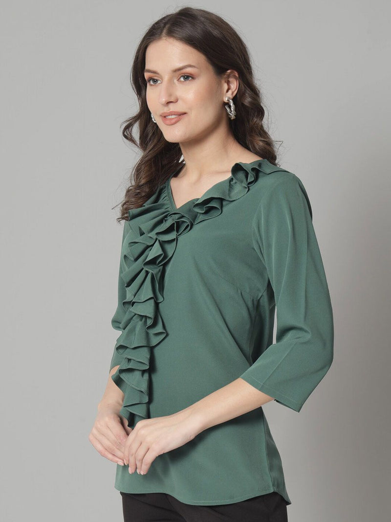 Ruffled Neckline Top- Green