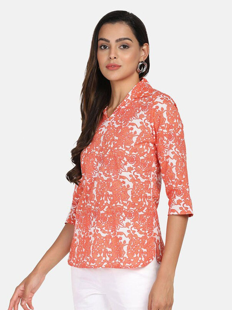 Printed Cotton Top -  Orange &. White