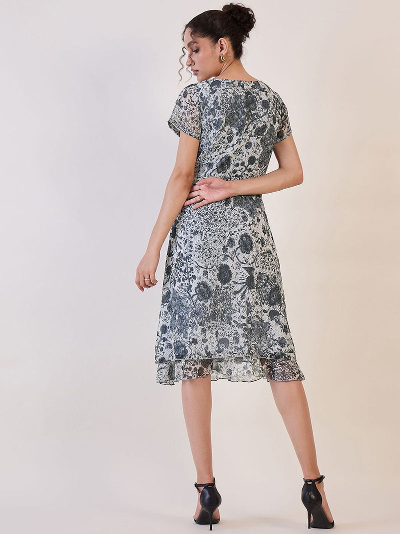 Grey Floral Comfort Fit Shift Dress