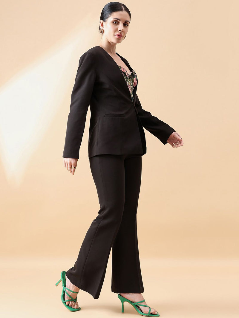 Lapel less Stretch Pant Suit- Black