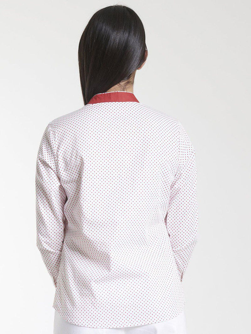 Mandarin Collar Cotton Shirt - White and Red