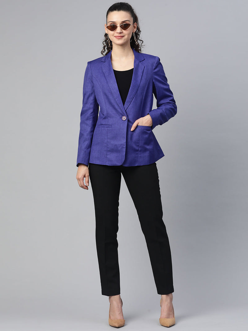 Stylish royal blue notched collar blazer for women.