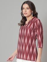 V-Neck Ikat Print Cotton Top- Maroon