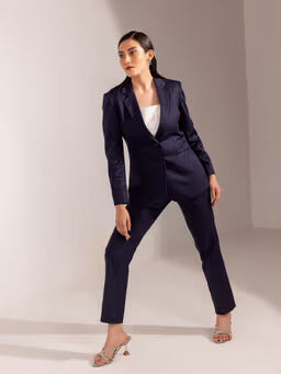 Poly Cotton Pant Suit - Navy Blue