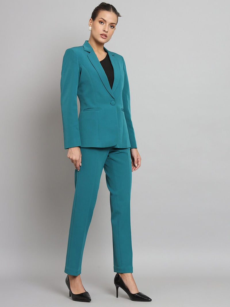 Notch Collar Stretch Pant Suit- Teal Green