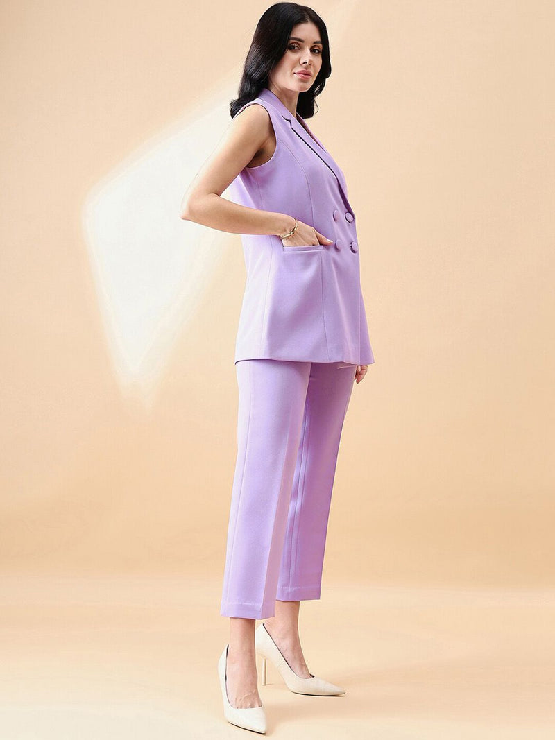 Cut- Sleeve Notch Collar Stretch Pant Suit- Lavender