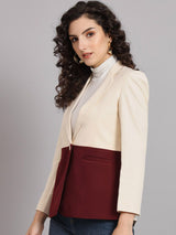 Colour Block Notch Collar Polyester Blazer - Maroon and Off White