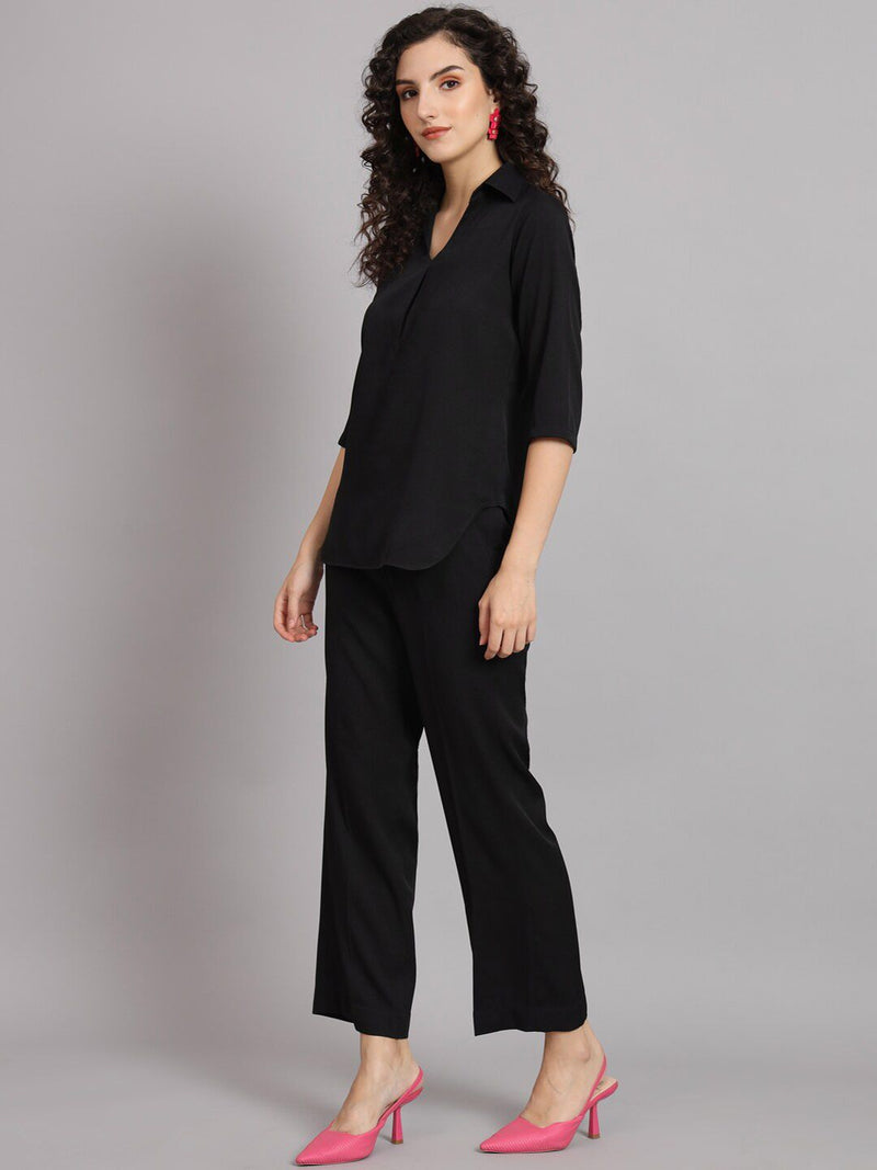 V-Neck Shirt Collar with Box Pleat Pant Suit - Black