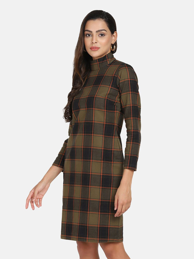 Warm Checkered Tweed Dress - Brown