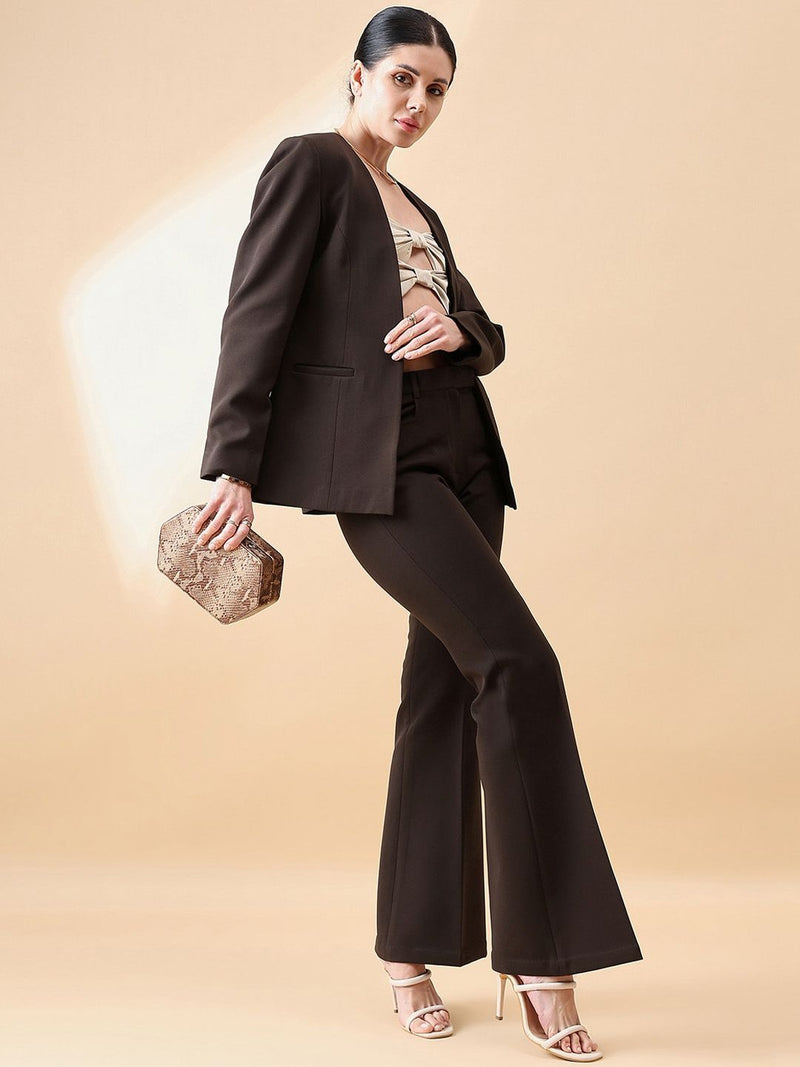 Lapel less Stretch Pant Suit- Chocolate Brown