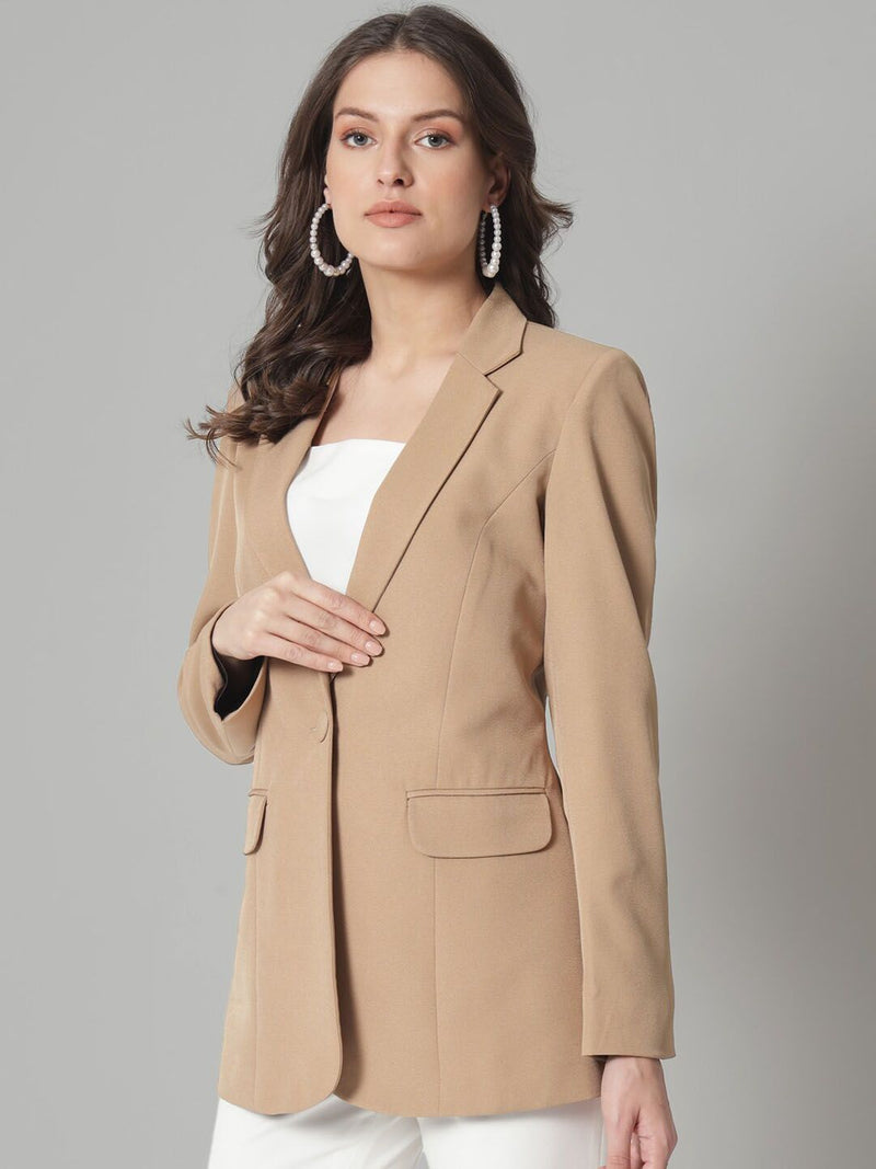 Single Button Notch Collar Blazer - Beige