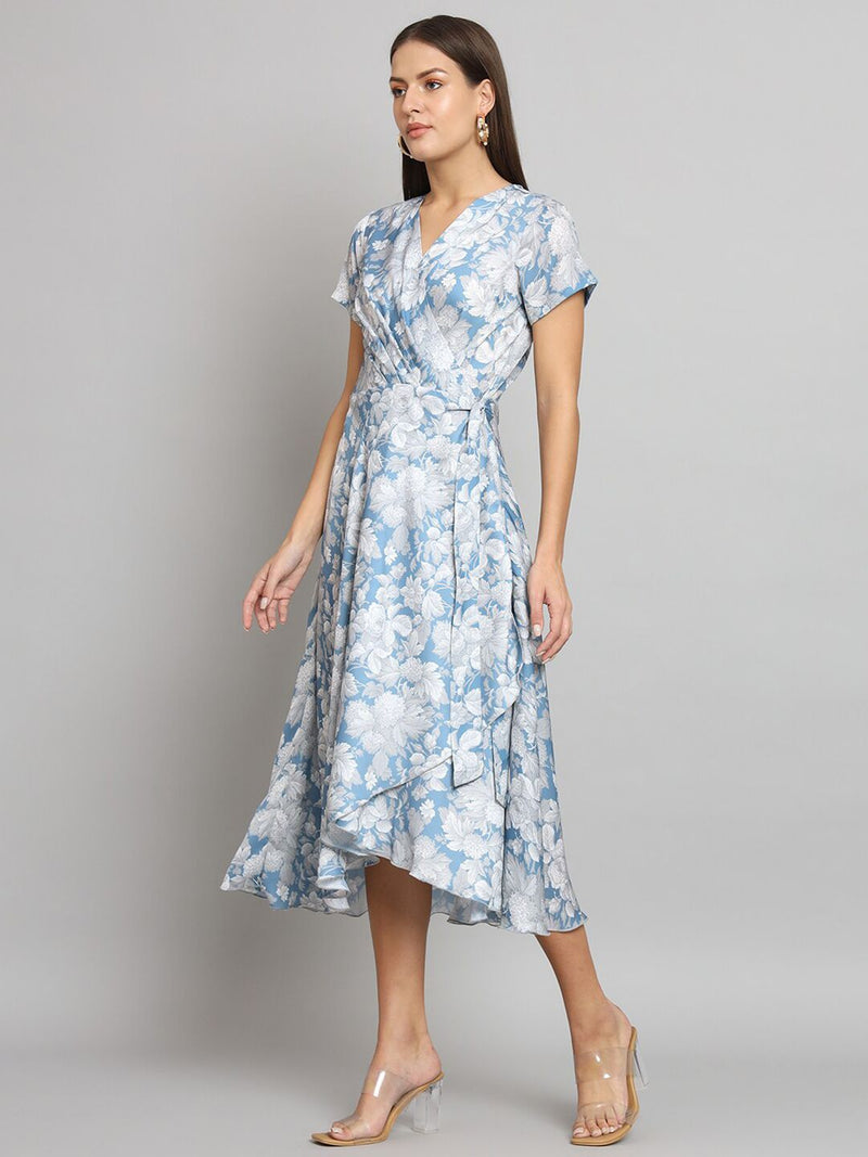 Printed wrap around dress- Blue and Grey