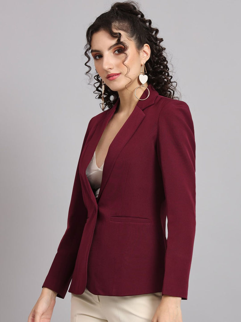 Notched Collar  Blazer - Maroon