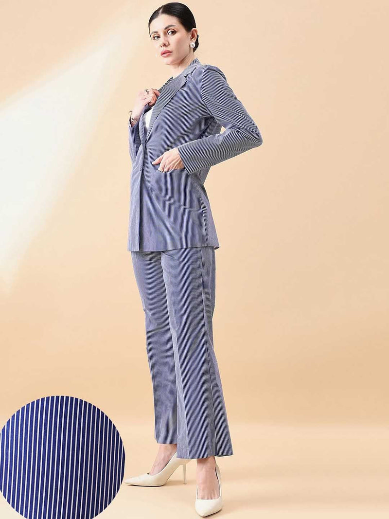 Cotton Stripe Pant Suit - Blue and White