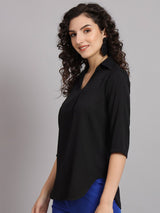 V-Neck Shirt with Box Pleat - Black