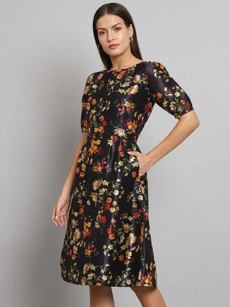 Printed Silk A-Line dress- Black