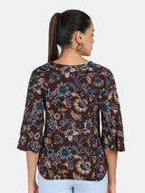 Floral Cotton Top - Brown & Blue