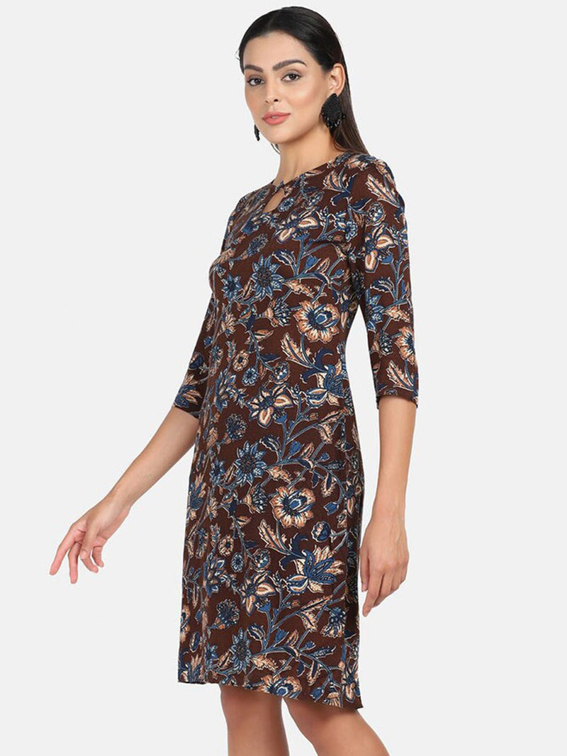 Floral Print Cotton Dress - Brown and Blue