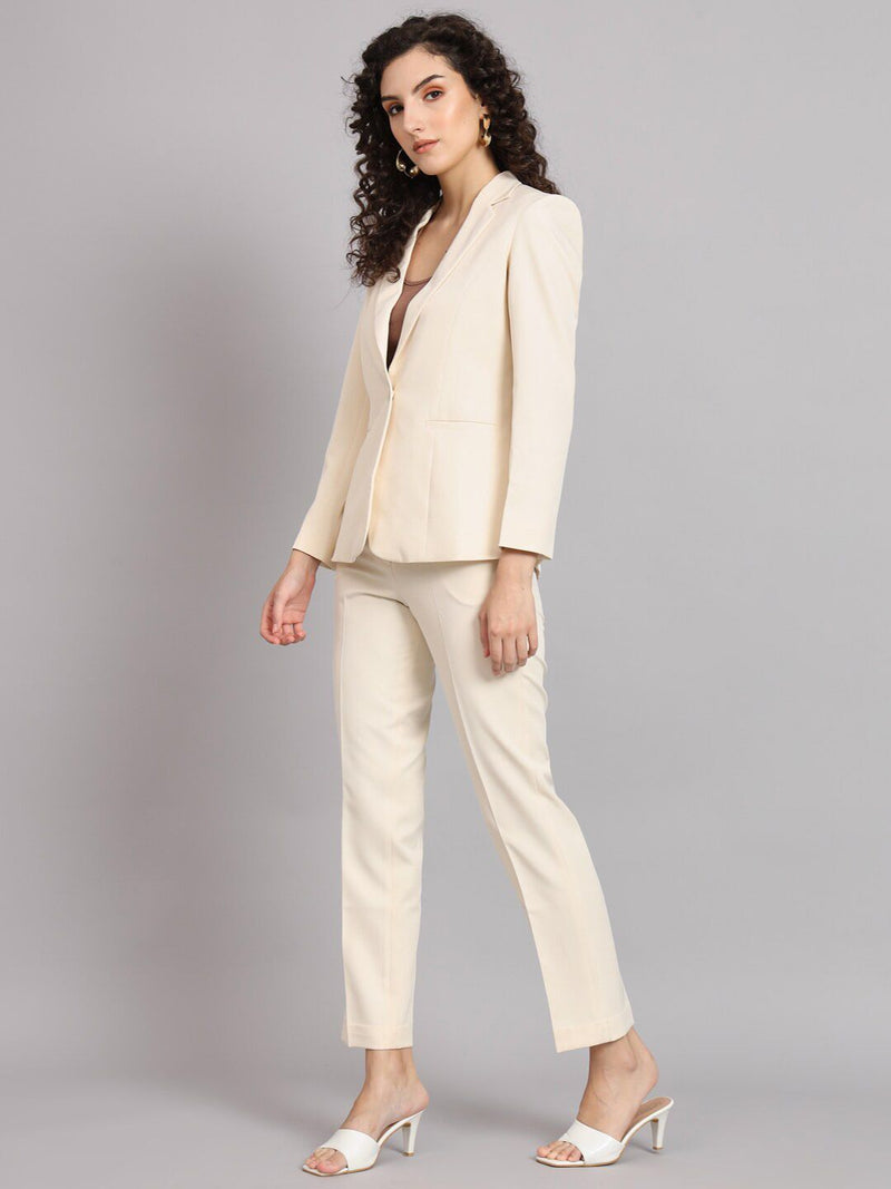 Regular Fit Notched Collar Stretch Pant Suit  - Off White