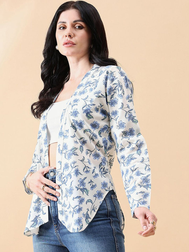 Front Open Cambric Printed Jacket- white and blue