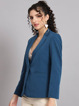 Notched Collar Polyester Blazer - Teal Blue