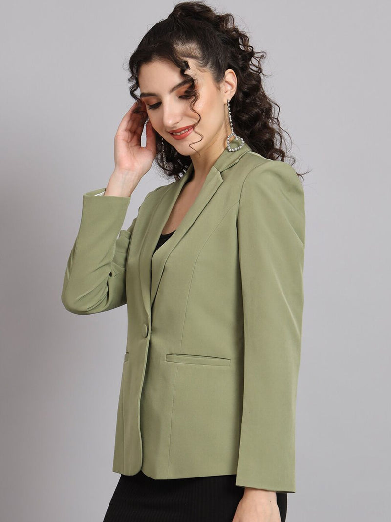 Notched Collar  Blazer - Olive Green