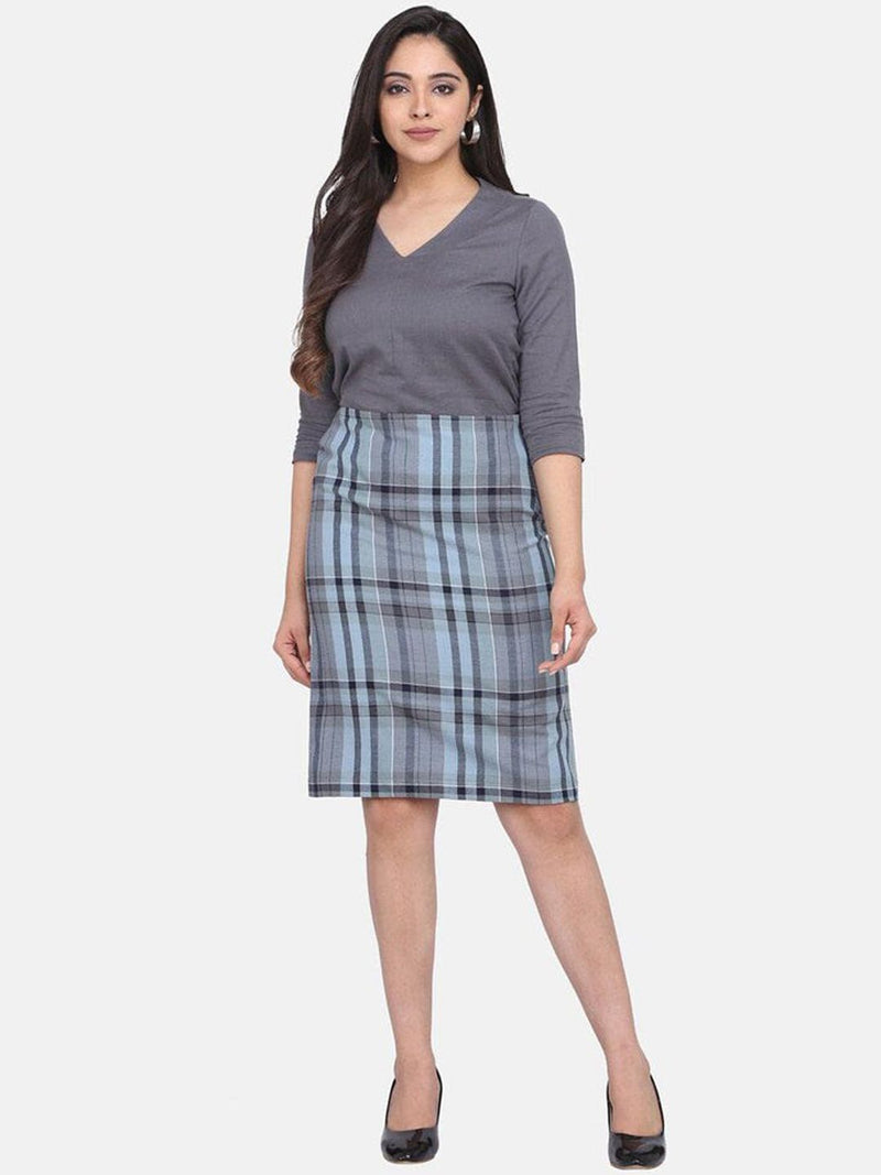 Checkered Straight Cotton Skirt - Grey