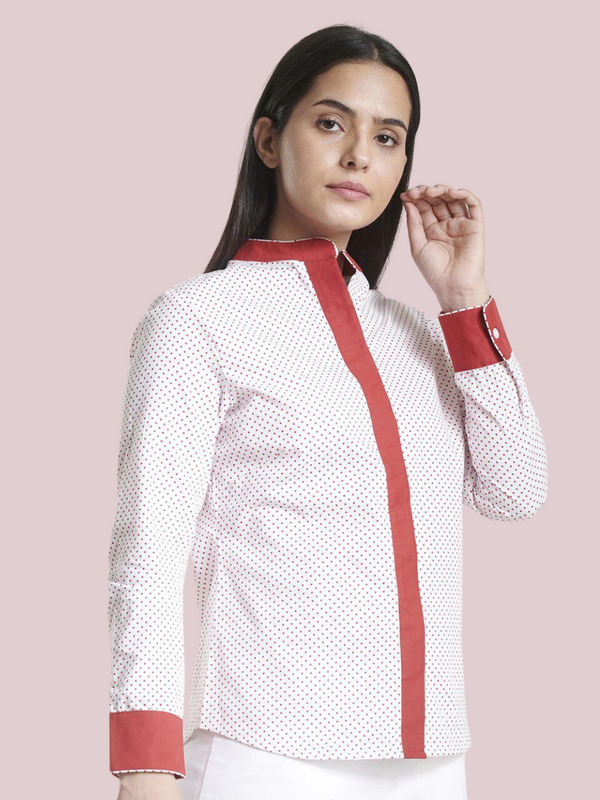 Mandarin collar cotton shirt in white with red accents for women.