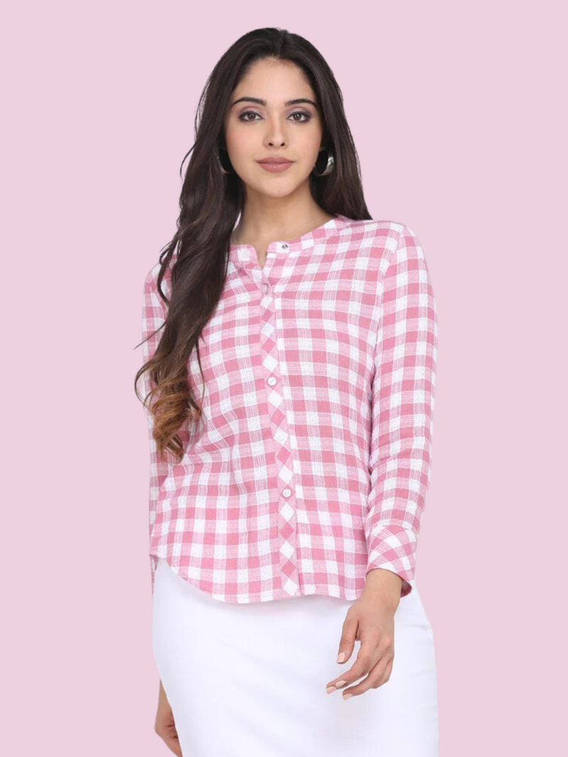 Cotton checkered mandarin collar top in pink for women.