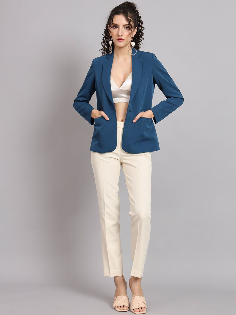 Notched Collar Polyester Blazer - Teal Blue