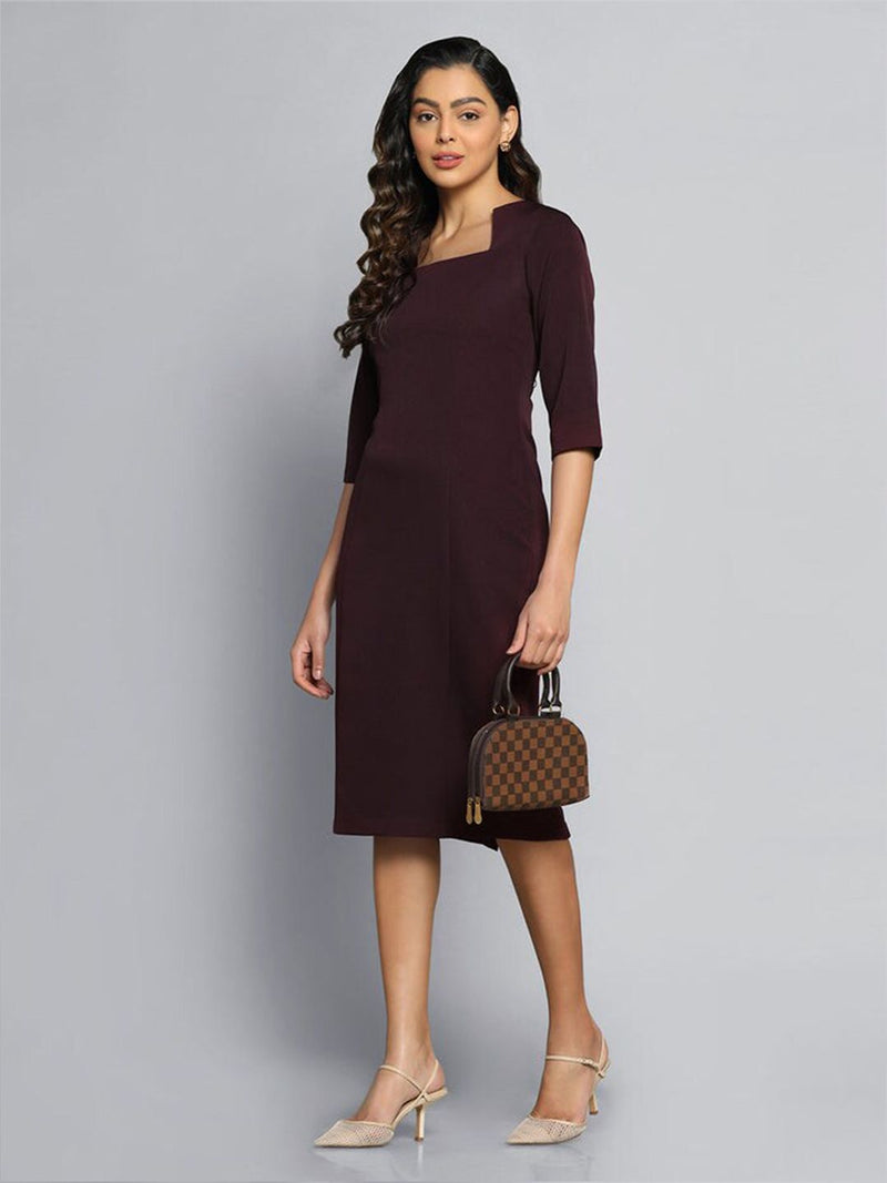 Slim Fit Pencil Stretch Dress - Wine