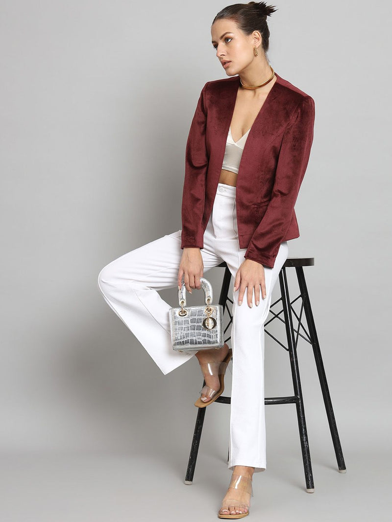 Short Velvet jacket without collar- Maroon