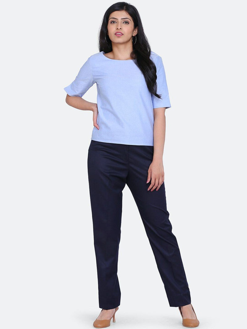 Poly Cotton Mid Waist Formal Trouser - Blue