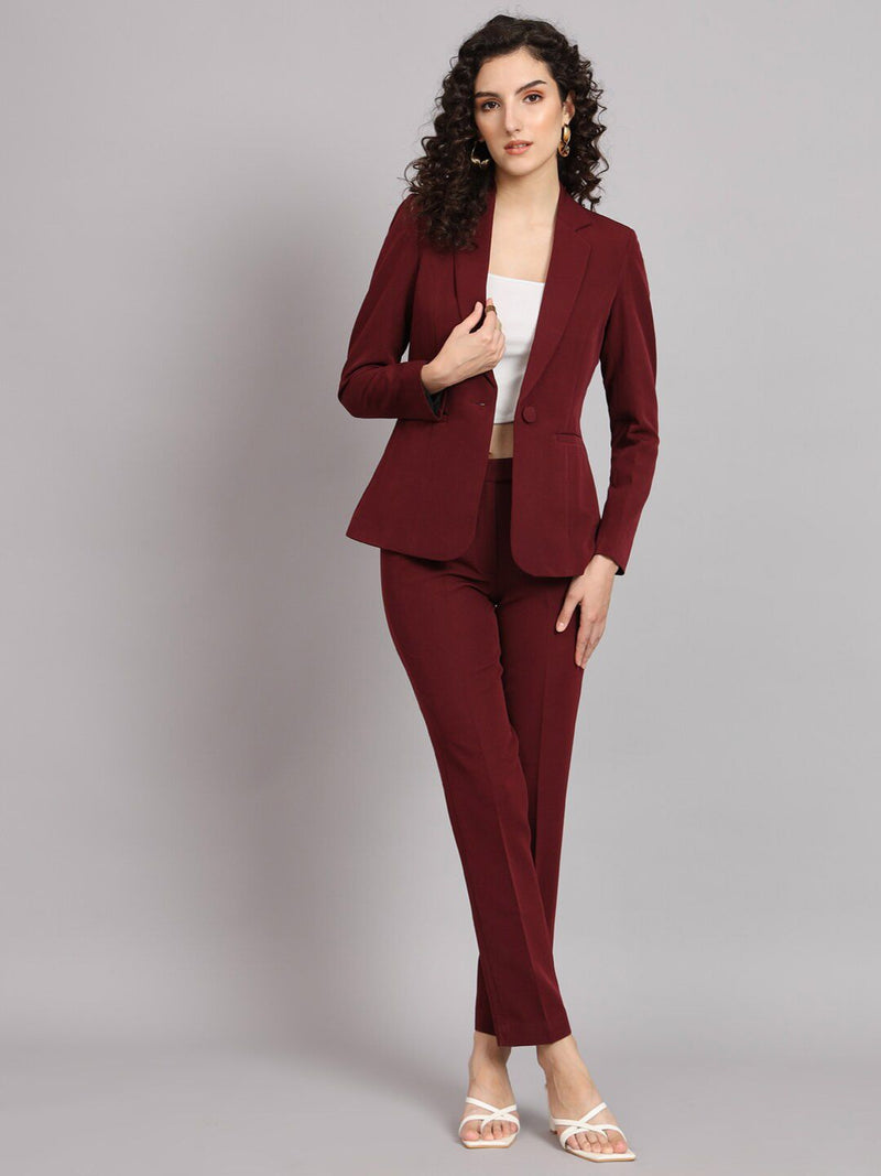 Notched Collar Stretch Pant Suit - Maroon