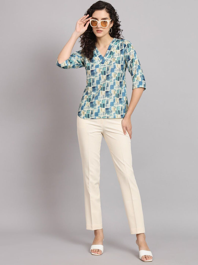 Regular Fit Printed V-Neck Top - Blue and Green