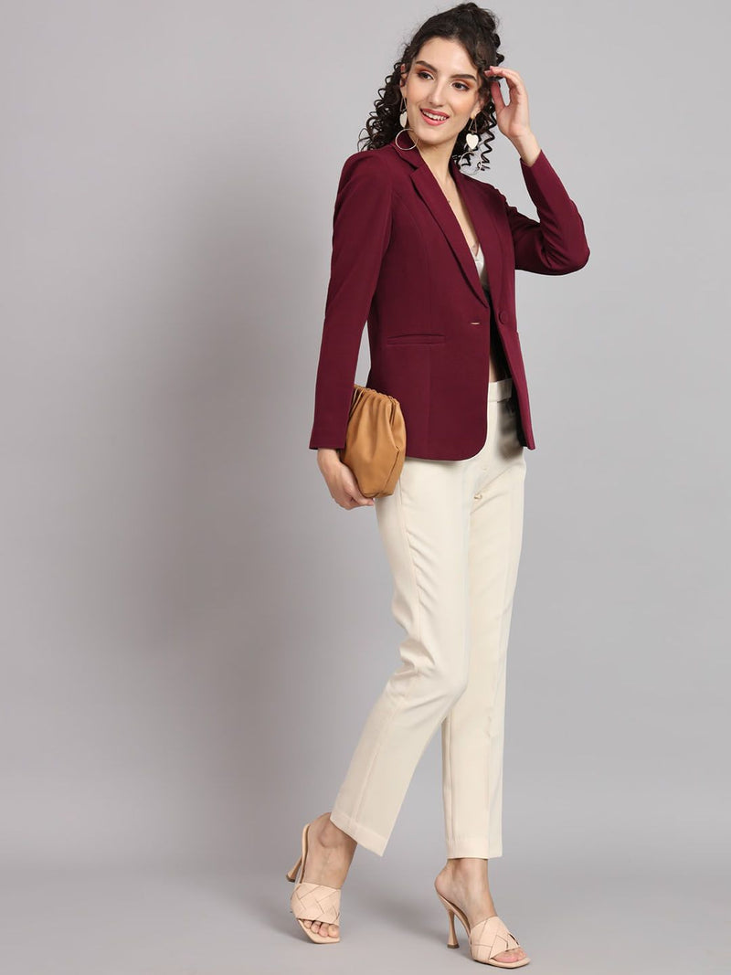 Notched Collar  Blazer - Maroon